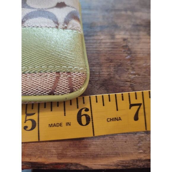 Coach Brown Monogram Canvas Lime Green Stripe Wristlet Coin Pouch Card Holder - Picture 6 of 7